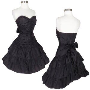 Vintage 80s Black Strapless Tiered Full Mini Skirt Cocktail Party Prom Dress XS